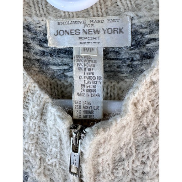 Jones‎ New York Womens Cardigan Sz L Petite Ivory Gray Hand Knit Wool Blended - Picture 8 of 11